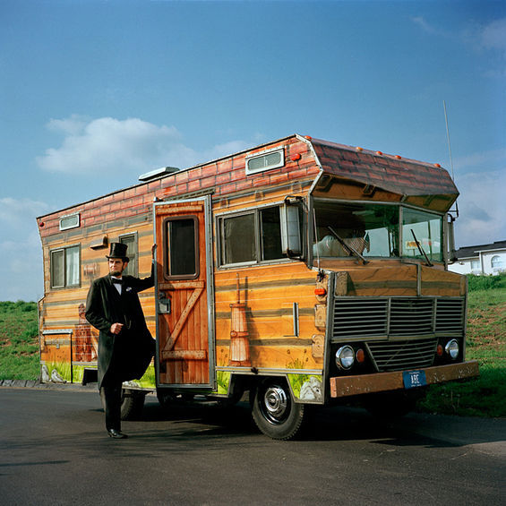 "Lincoln and Log Cabin RV," by Greta Pratt, posed portrait photo.